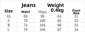 Size chart for high waist ripped wide leg jeans with detailed waist and hip measurements