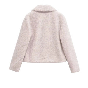 Back view of a warm light pink cropped faux fur jacket with stylish horn buttons