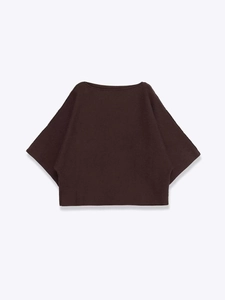 Flat lay of a dark coffee knitted short sleeve top with boat neck and batwing sleeves
