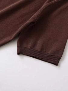 Close-up of ribbed cuffs and fine knit texture on a dark brown short-sleeve cardigan