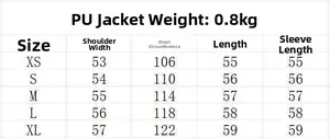 Detailed size guide table for vintage short PU leather jacket with jacket measurements