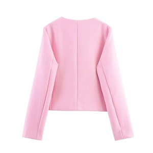 Back view of pink tweed short jacket showing detailed textured fabric and slim fit design