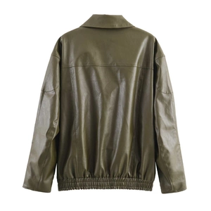 Olive green faux leather loose jacket with dropped shoulders and back seam detailing