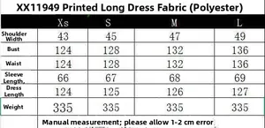 Detailed size chart for the minimalist printed long dress showing measurements in centimeters