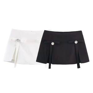 Gonna-pantalone Mini a Linea A con Fiocco e Strass Vita Alta da Donna Chic Estivo con Spacco Asimmetrico