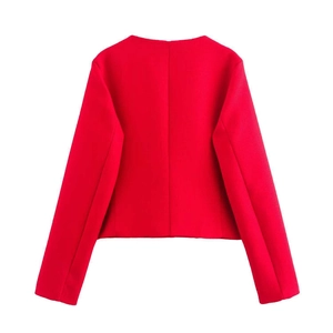 Back view of a vibrant red textured woven cropped jacket with clean A-line cut