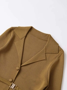 Detail of caramel knit cardigan with fabric buttons and silver buckle belt accent