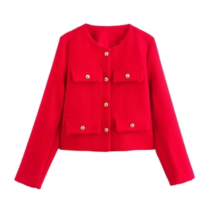 French style red tweed jacket with long sleeves and gold buttons on white background