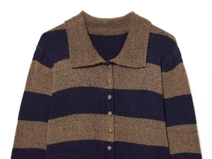 Detail of navy and brown striped knit cardigan with polo collar and metal buttons