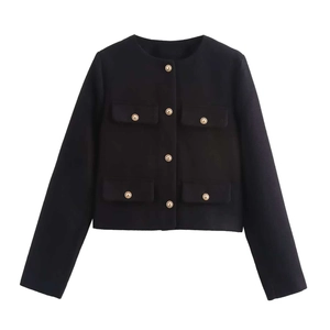 Close-up of black tweed short jacket featuring vintage golden buttons and four pocket design