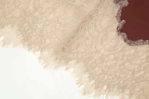 Detailed macro view of champagne floral lace with delicate eyelash trim on satin fabric