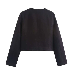 Detailed back view of a minimalist black cropped collarless jacket with structural seams
