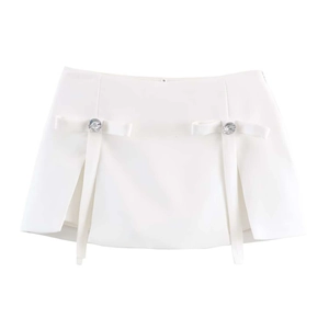 Gonna-pantalone bianca mini con fiocchi di strass e spacchi frontali, vista piatta