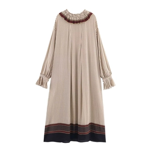Elegant floral print maxi dress in cream with burgundy trim and ruffled neckline detail
