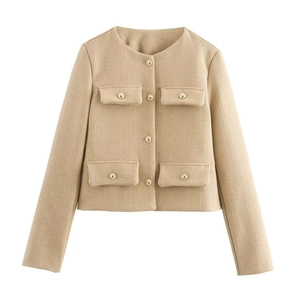 Elegant beige cropped tweed jacket with round neck and gold buttons on a white background