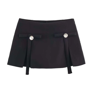 Gonna-pantalone a trapezio nera da donna con cinturini a fiocco e bottoni diamantati