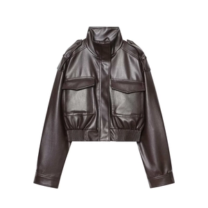 Retro dark brown faux leather cropped utility jacket with large pockets and high neck