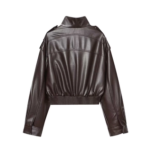 Rear view of vintage dark brown faux leather jacket with ribbed hem and shoulder epaulets