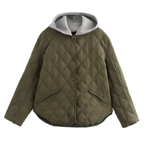 Veste Matelassée Décontractée Ample à Capuche Femme Mi-longue Rembourrée Manches Longues Vert Olive Manteau d'Hiver Chaud