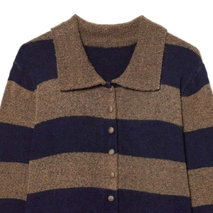 Navy and brown striped knit polo cardigan with buttons and a soft wool texture