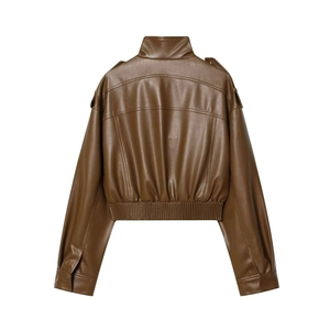 Rear view of brown short vintage faux leather utility jacket with elastic hem and cuffs