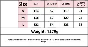 Size chart for women's long wool coat showing S to L chest, shoulder, and length metrics