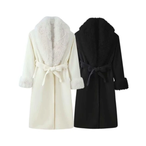 Women's Elegant Extra Long Woolen Coat With Lush Faux Fur Collar And Cuffs Belted Slim Fit Warm Winter Overcoat Outwear