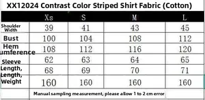 Size guide table for women striped poplin shirt showing measurements from XS to L