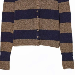 Classic brown and navy blue striped knit cardigan with vintage textured metal buttons