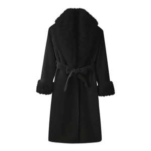 Elegant black long wool coat for women featuring a faux fur collar and waist belt detail