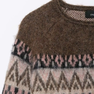 Brown vintage knit sweater with Nordic geometric pattern and fuzzy wool blend texture