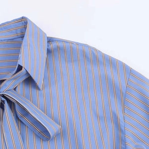 Close-up of lapel collar and bow tie detail on blue and brown striped shirt