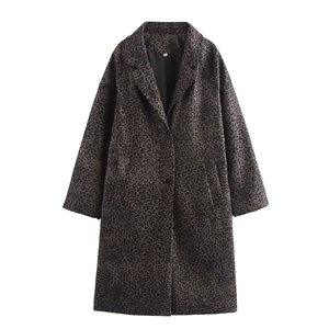 Vintage Leopard Print Long Coat For Women Notched Lapel Single Breasted Loose Polyester Overcoat Autumn Fashion Outwear