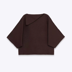 Women's dark coffee knit top with wide sleeves and asymmetric fold collar detailing