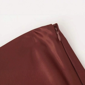 Elegant dark red satin maxi skirt with side invisible zipper and smooth finish