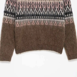 Retro loose geometric jacquard knit sweater in brown with Fair Isle brushed texture