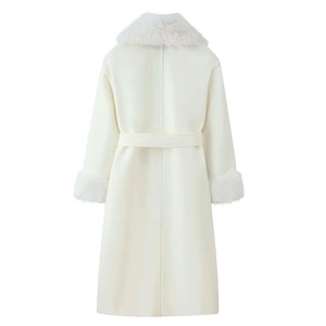 Back view of elegant long wool coat with plush fur collar and matching waist belt tie