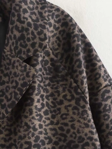 Close-up of leopard print coat collar showing high-quality fabric texture and classic animal pattern