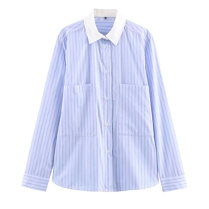 Women's Casual Contrast Collar Striped Long Sleeve Shirt Loose Button Down Blouse With Pockets Office Lady Spring Tops