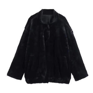 Women's Vintage Loose Faux Fur Coat Stand Collar Mid Length Winter Warm Black Jacket Casual Commuter Outerwear For Lady