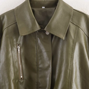 Vintage loose fit dark olive faux leather jacket with lapel collar and silver hardware