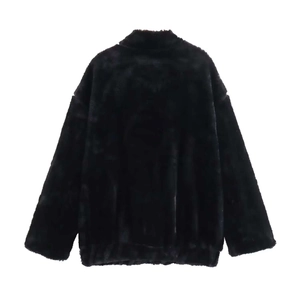 Back view of a black oversized faux fur jacket featuring a high collar and plush texture