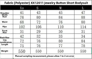 Size chart table for sleeveless romper with jewel buttons in XS to L measurements