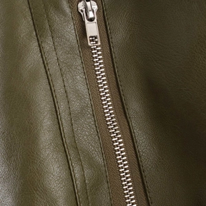 Retro loose olive green faux leather jacket with silver zipper and double stitching details