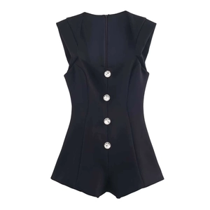 Women Elegant Sleeveless Square Neck Romper With Rhinestone Jewelry Buttons Slim Fit Black Jumpsuit Short One Piece Outfit