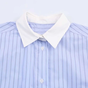 Relaxed blue striped shirt for women with contrast white collar and long sleeves
