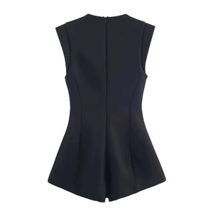 Back view of a sleek black sleeveless romper with hidden zipper and tailored waistline