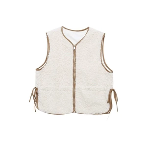 Women Casual Lamb Wool Vest Cream White V Neck Sleeveless Waistcoat With Side Tie And Contrast Piping For Autumn Winter