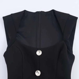 Women's black sleeveless romper with square neck and large crystal button detail