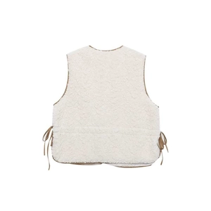 Chic cream faux shearling vest with brown contrast trim and side lace-up details